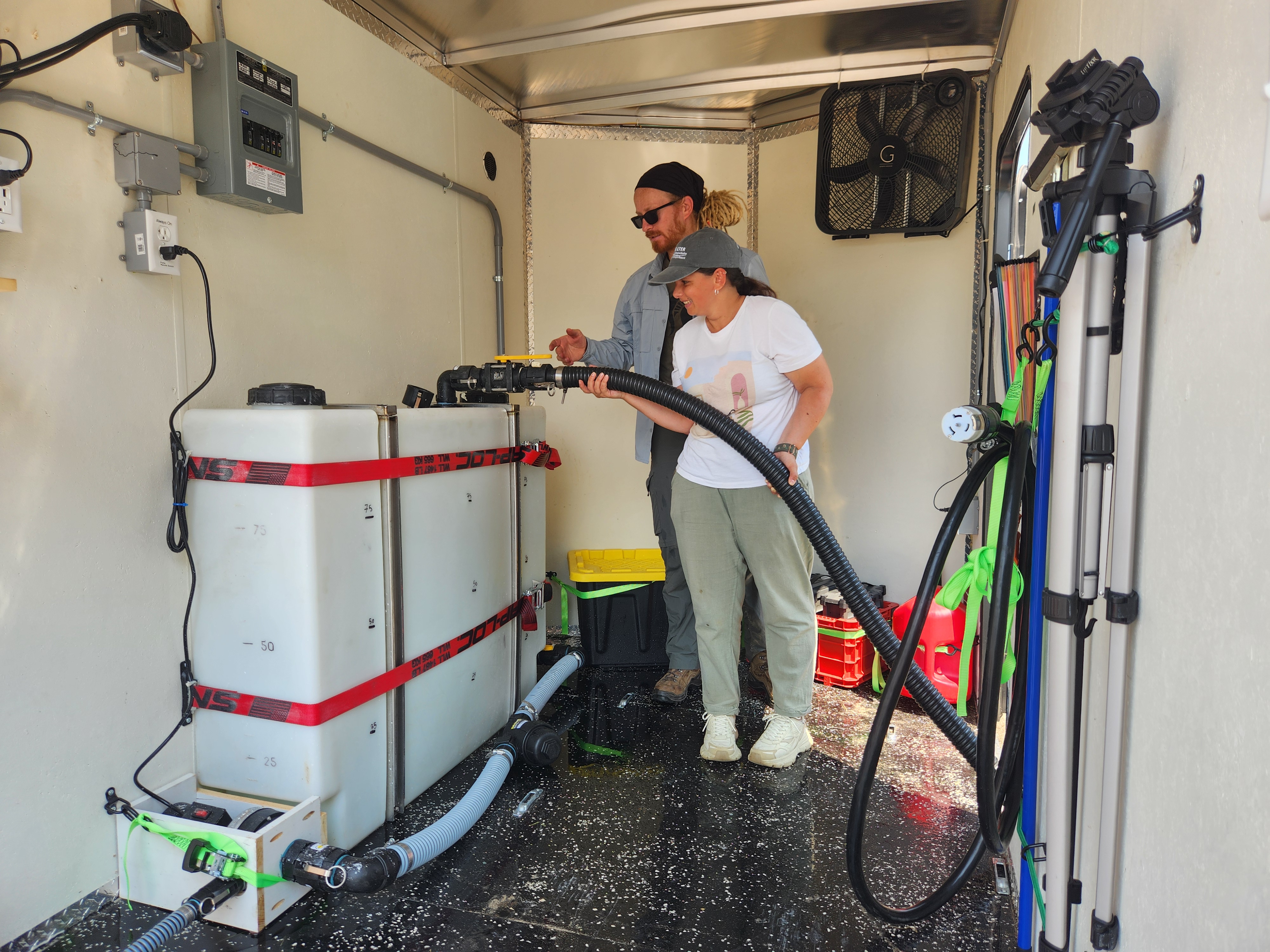Lab members in the drone trailer